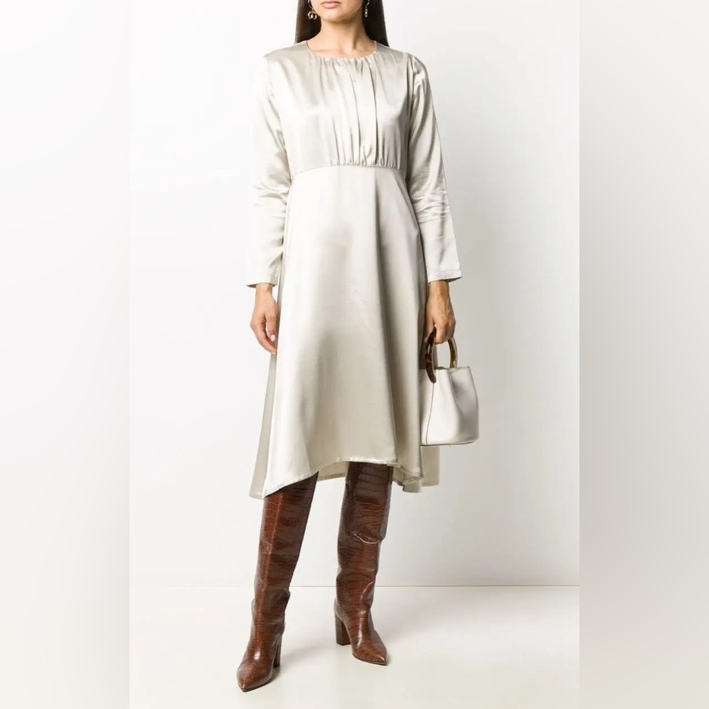 Fabiana Filippi Champagne Jewel Neck Long Sleeve Satin Dress